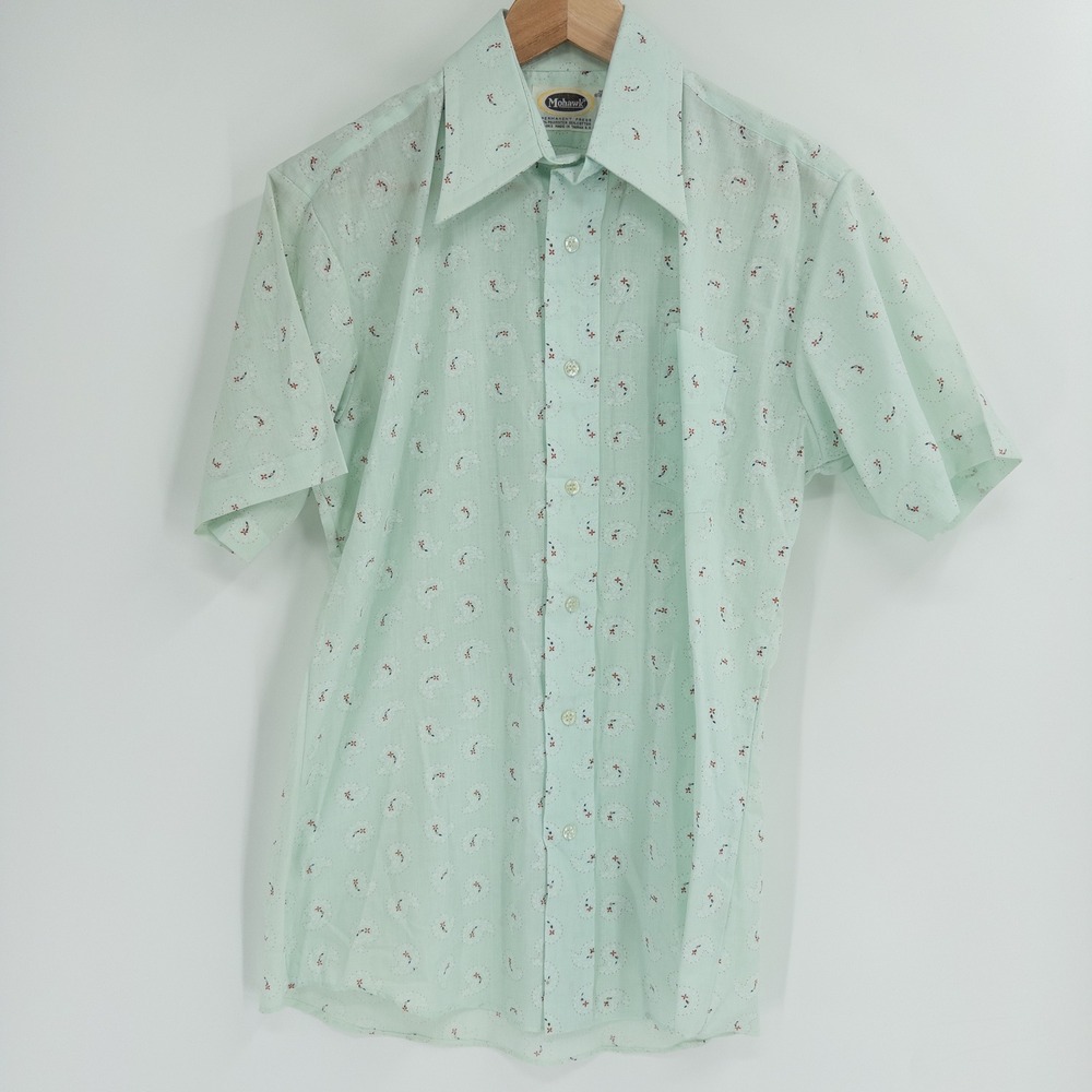 Vintate 70s Mohawk Button Down Shirt Mens M Mint Green Disco Rockabilly Retro